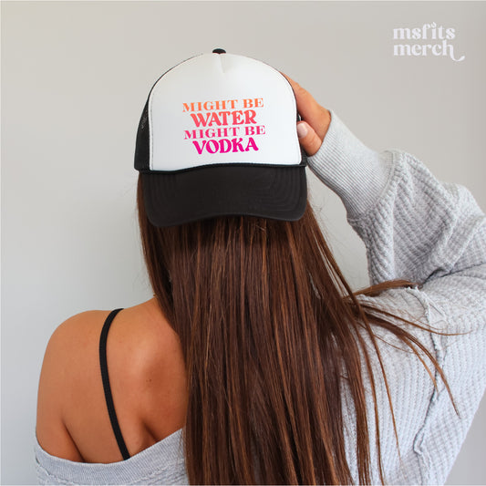 Might Be Water Might Be Vodka Trucker Hat Womens Summer Beach Trucker Cap Beach Lover Gifts Bachelorette Party Gift for Girls Trip Trucker Beach Bach Hat