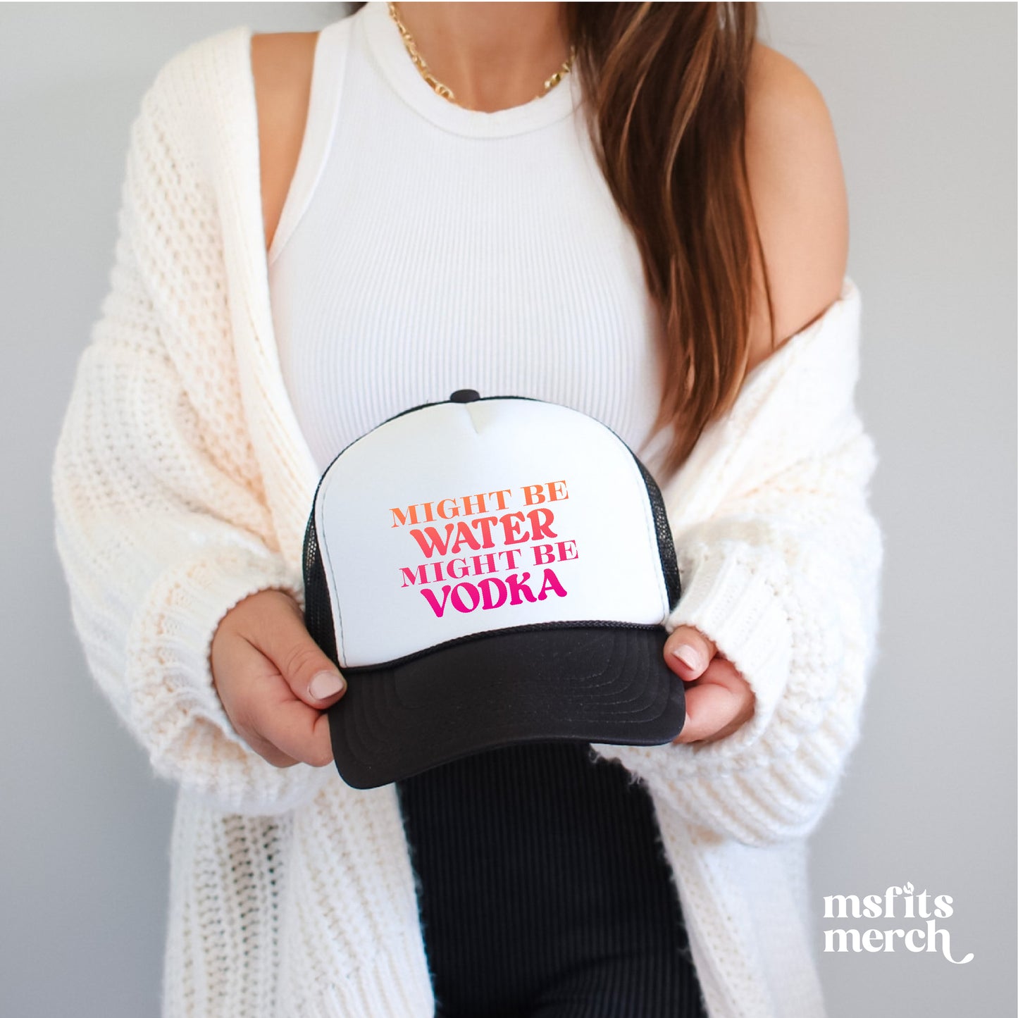 Might Be Water Might Be Vodka Trucker Hat Womens Summer Beach Trucker Cap Beach Lover Gifts Bachelorette Party Gift for Girls Trip Trucker Beach Bach Hat
