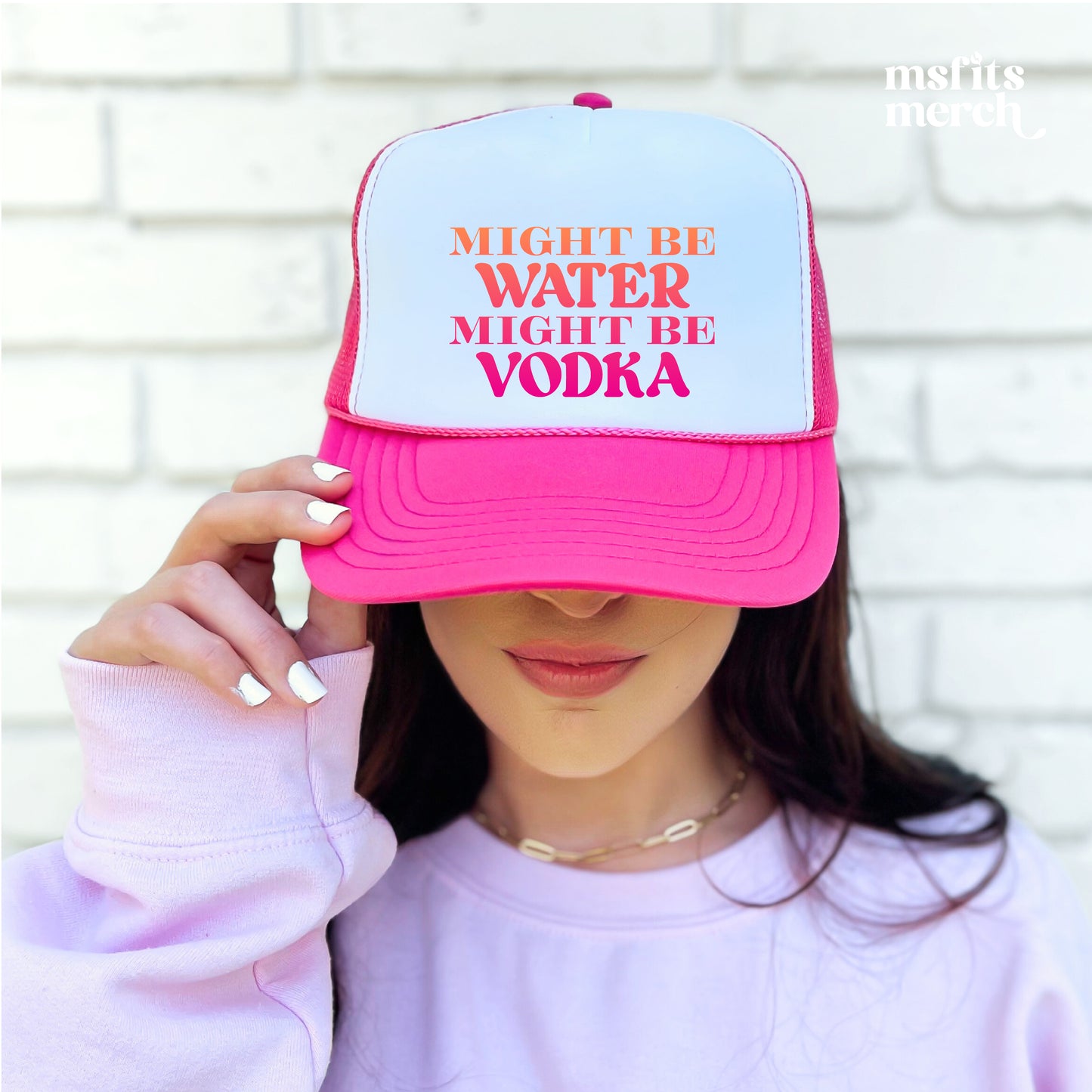 Might Be Water Might Be Vodka Trucker Hat Womens Summer Beach Trucker Cap Beach Lover Gifts Bachelorette Party Gift for Girls Trip Trucker Beach Bach Hat