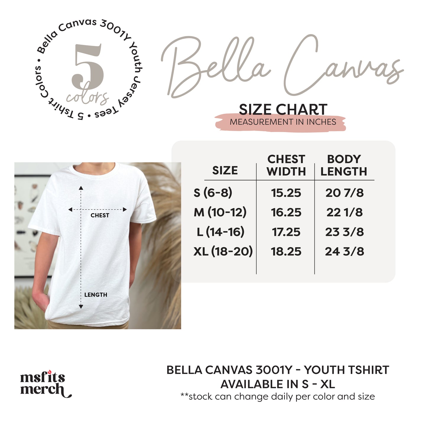 Bella Canvas Youth Jersey Tshirt 3001Y Kids Cotton Tee Shirt