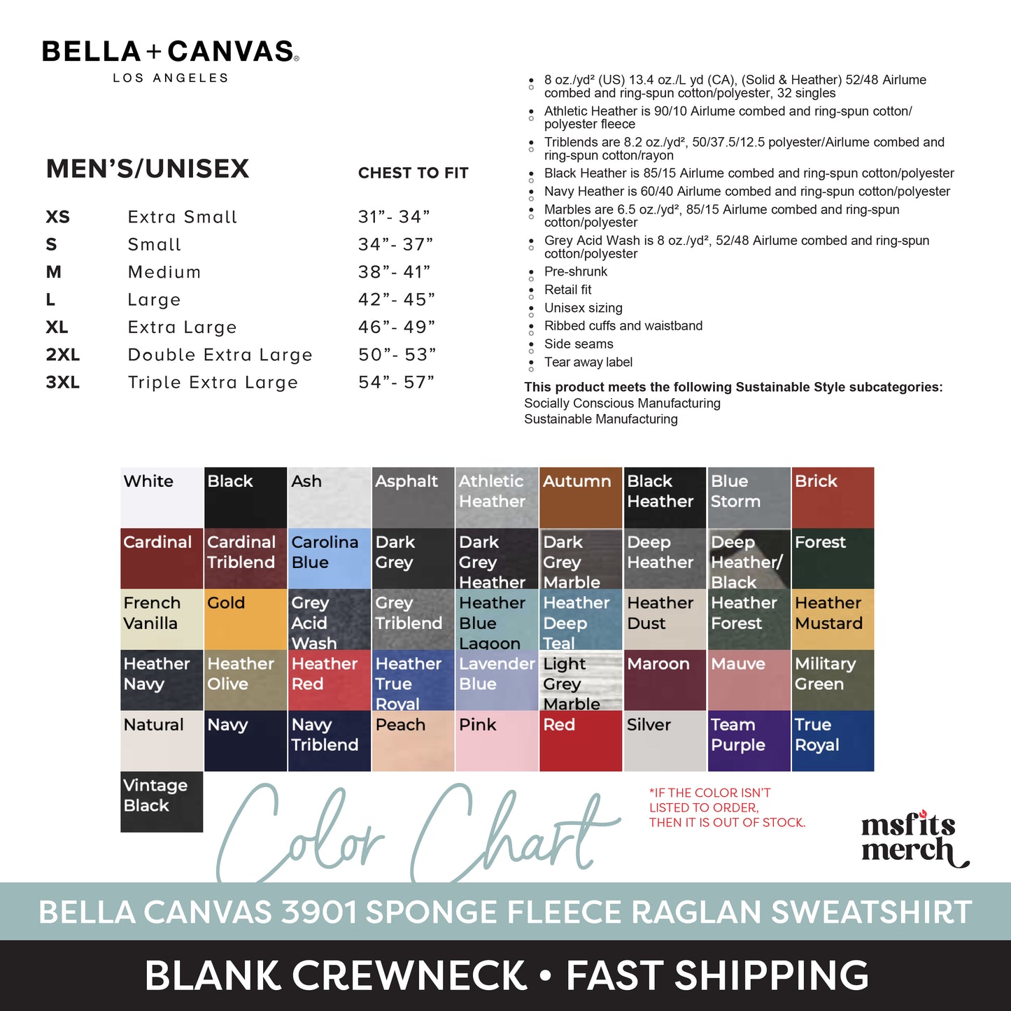 Bella Canvas 3901 Unisex Sponge Fleece Raglan Crewneck Sweatshirt