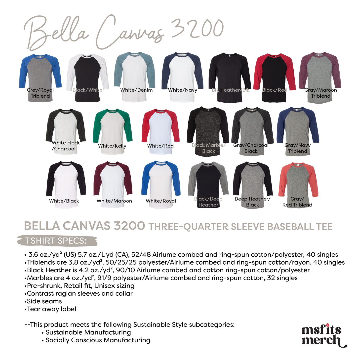 Baseball Shirt Bella Canvas 3200 Three Quarter Sleeve Raglan