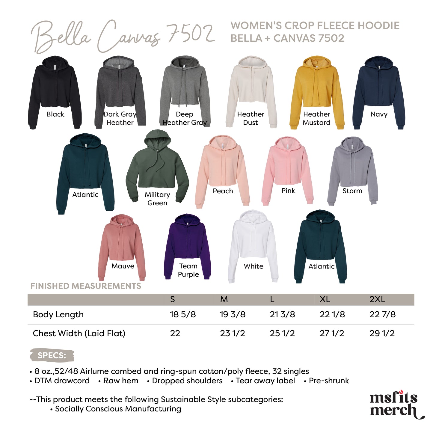 Bella Canvas 7502 Women's Crop Hoodie Fleece Sweatshirt