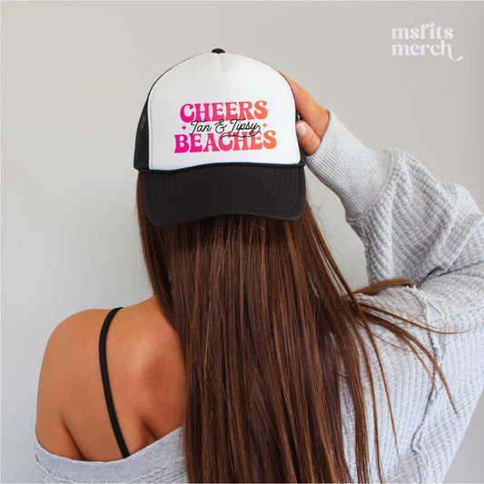 Cheers Beaches Trucker Hat Womens Summer Beach Trucker Beach Lover Gifts Bachelorette Party Gift for Girls Trip Pink Trucker Beach Bach Hat