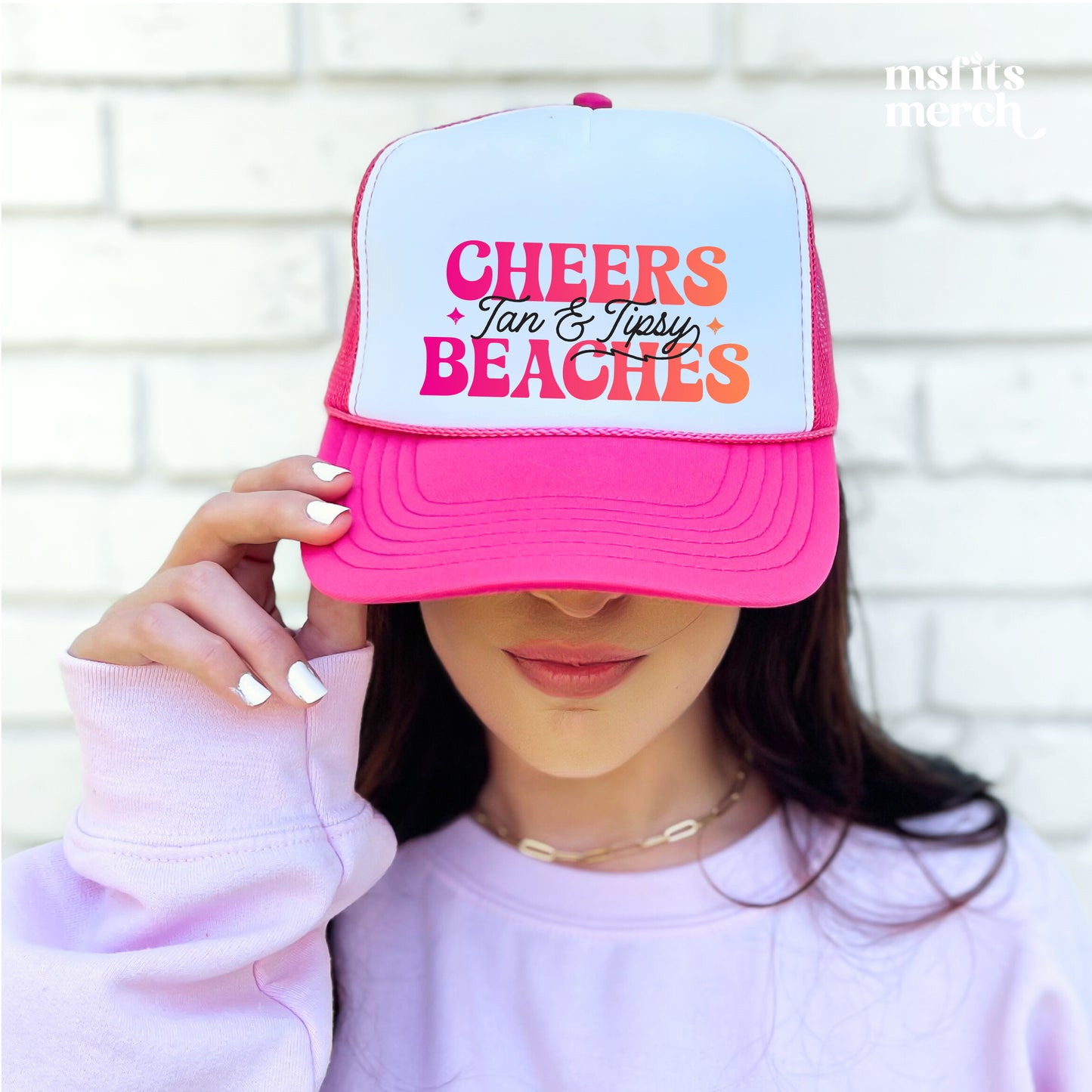 Cheers Beaches Trucker Hat Womens Summer Beach Trucker Beach Lover Gifts Bachelorette Party Gift for Girls Trip Pink Trucker Beach Bach Hat