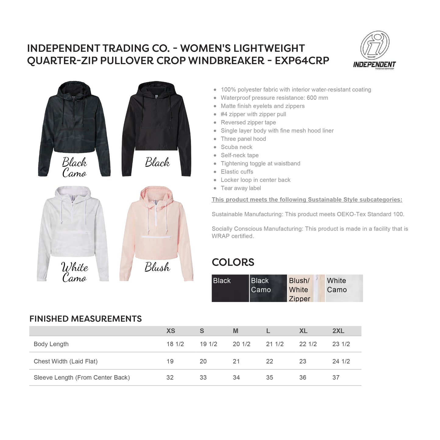 Womens Lightweight Quarter-Zip Pullover Crop Windbreaker Independent Trading EXP64CRP