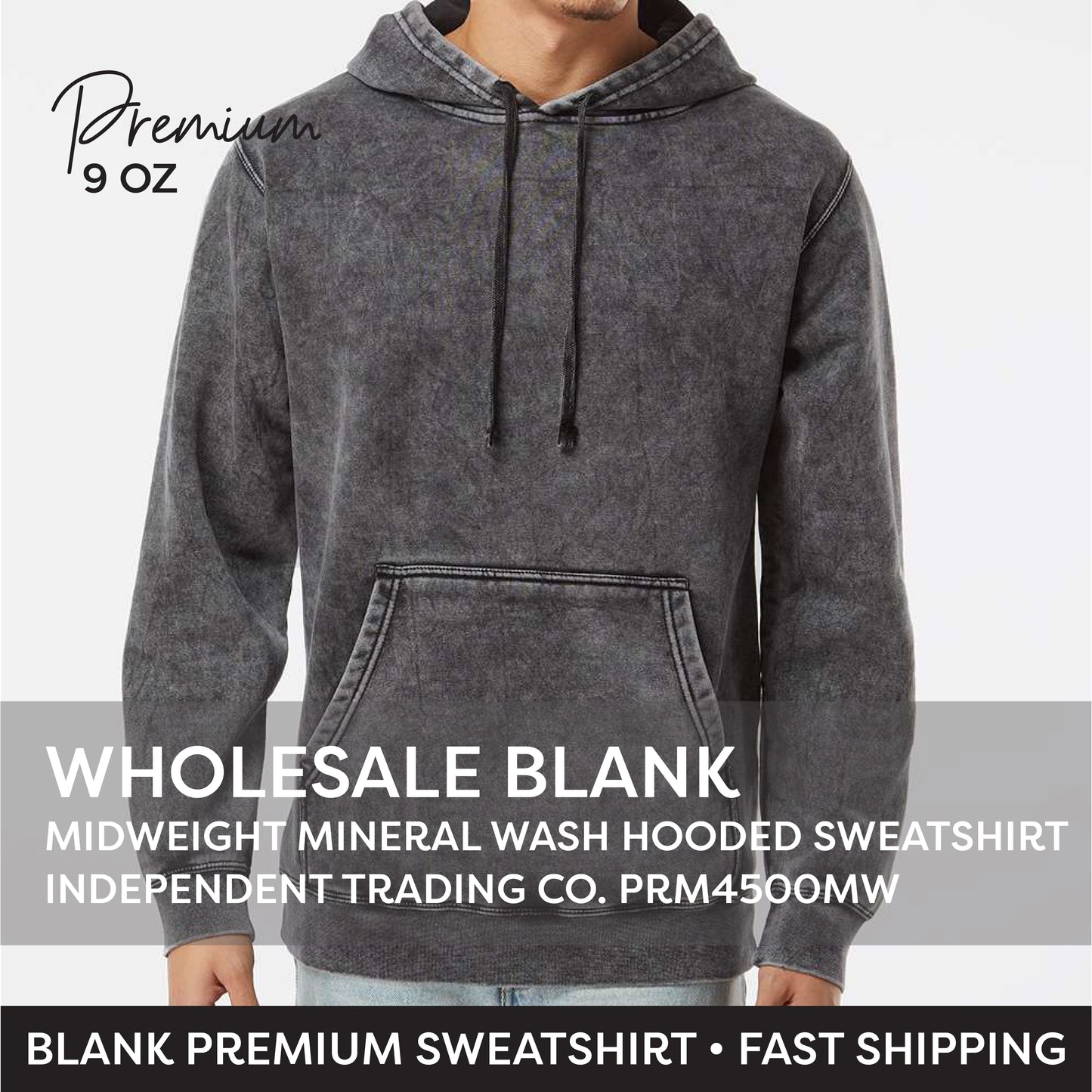 Black Mineral Wash Hooded Sweatshirt Independent Trading Co. PRM4500MW Vintage Faded Black Acid Wash