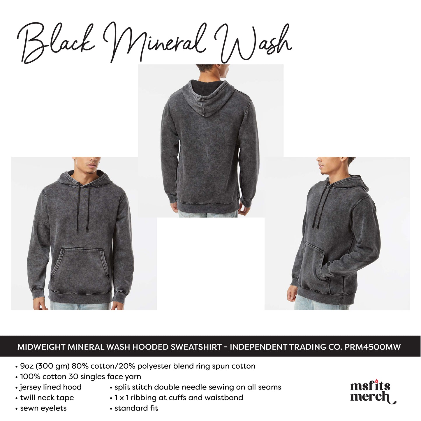 Black Mineral Wash Hooded Sweatshirt Independent Trading Co. PRM4500MW Vintage Faded Black Acid Wash