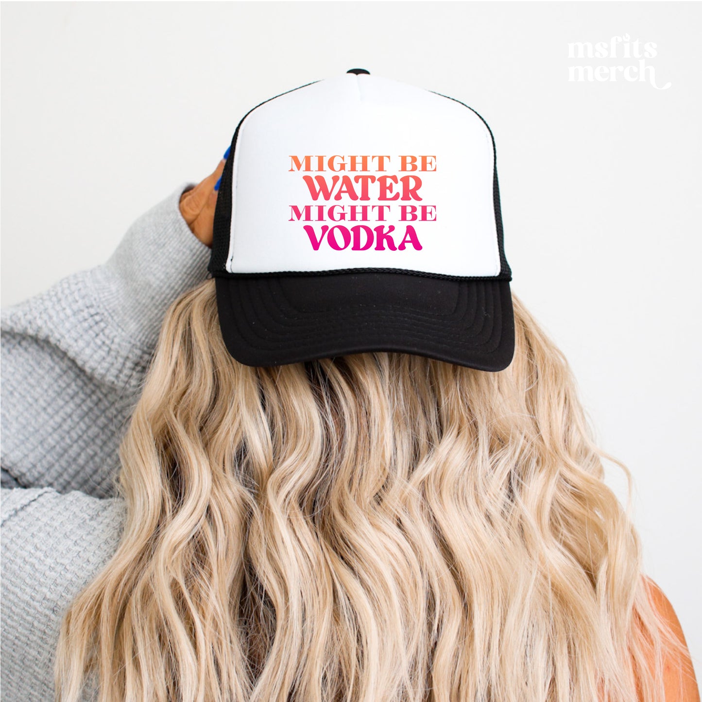 Might Be Water Might Be Vodka Trucker Hat Womens Summer Beach Trucker Cap Beach Lover Gifts Bachelorette Party Gift for Girls Trip Trucker Beach Bach Hat